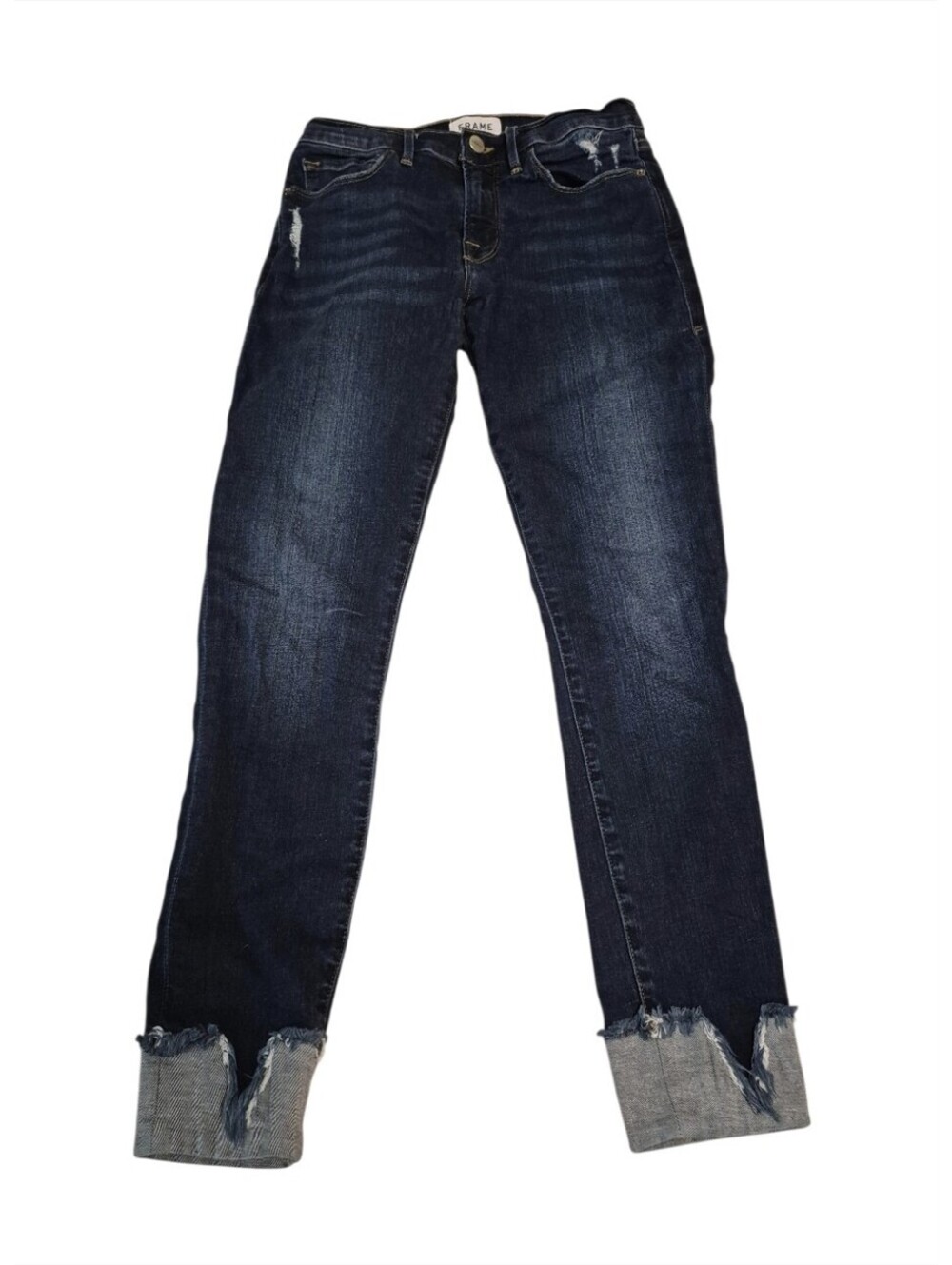 Frame Le Skinny de Jeanne Dark Wash Sretchy Raw Ankle Hem Blue Denim Size 27
